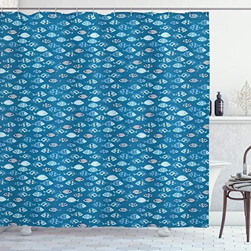 ABAKUHAUS Rideau De Douche Poisson - Tableau Vie Marine, Bleu Blanc, 175x180 Cm Avec Crochets