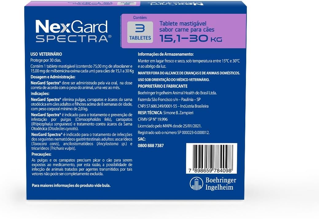 NexGard Spectra Antipulgas, Carrapatos e Vermífugos para Cães de 15,1 a 30kg - 3 tabletes