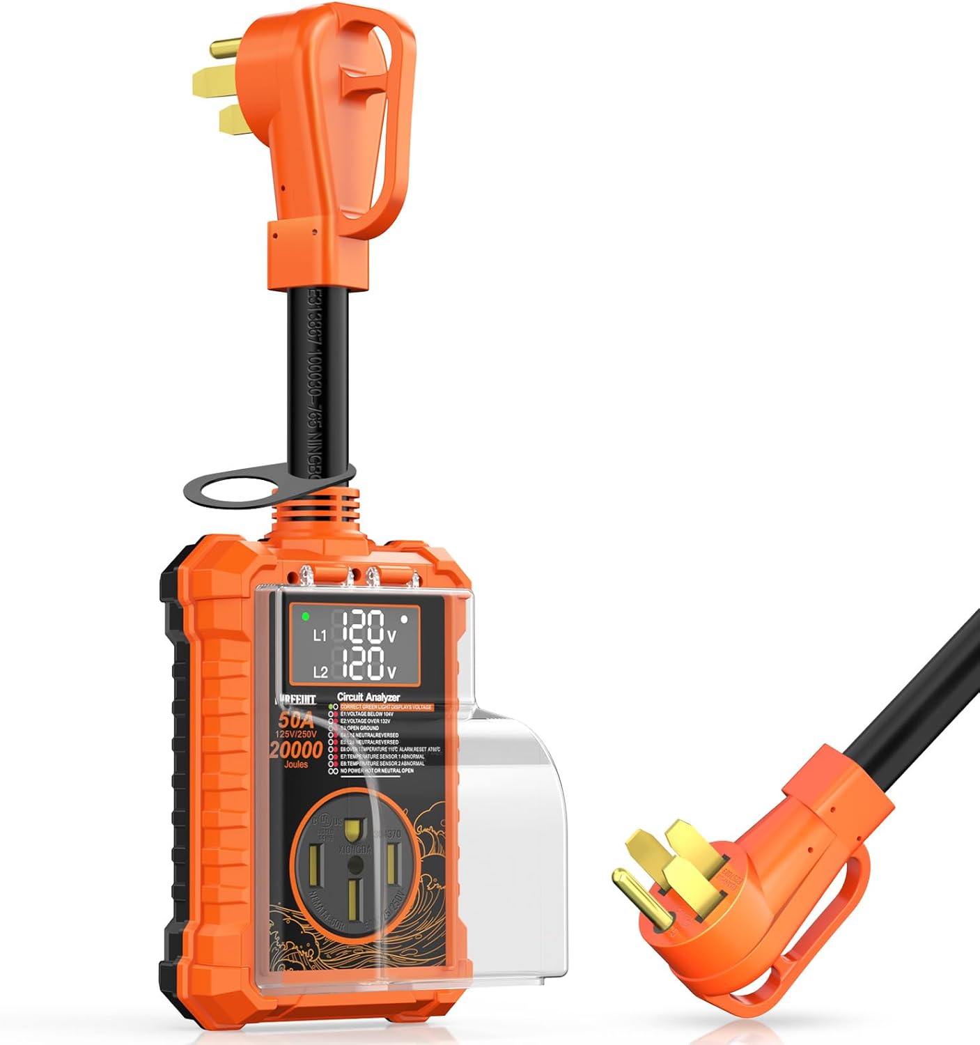 RV Surge Protector 50 Amp - 20000 Joules Power Voltage Protection Surge Protectors, RV Circuit Analyzer with LED Display IP68 Waterproof Cover, RV Adapter Plug for Campers & Travel Trailers