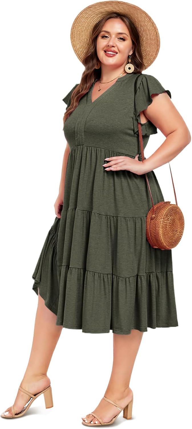 Moon Wood Womens Plus Size V Neck Ruffle Midi Dress 2025 Summer Casual Flowy Tiered Dresses with Pockets - Image 4