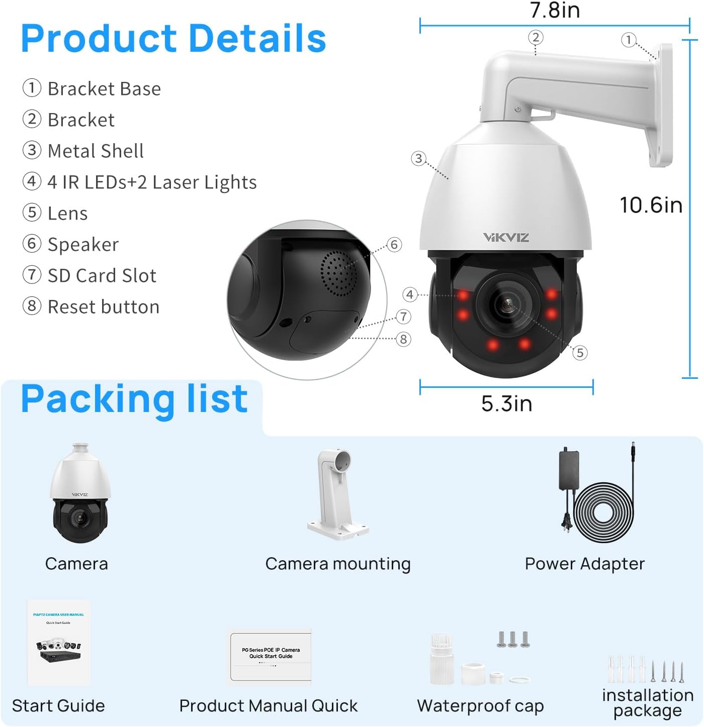 VIKVIZ 5MP PTZ IP PoE Camera package contents and product dimensions