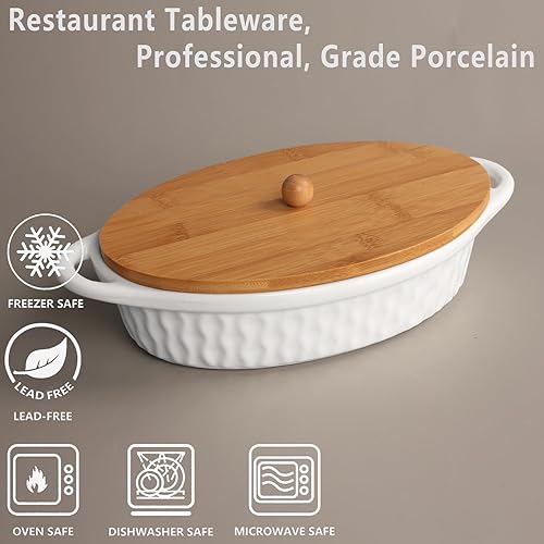 Miniatura 3 de Creativity Home Platos ovalados para hornear gratinados, cacerola de cerámica con cubierta de bambú, bandeja para lasaña profunda para horno,