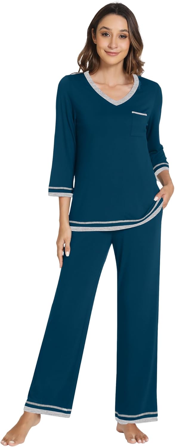 WiWi Women’s Pajamas Set Loungewear Bamboo from Viscose 3/4 Sleeve Tops and Soft Pants Set with Pocket S-XXL
