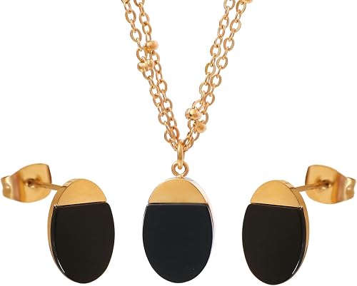 TaYolnFaSo Natural Agate Stone Necklace Earring Set for Women Oval Black Agate J