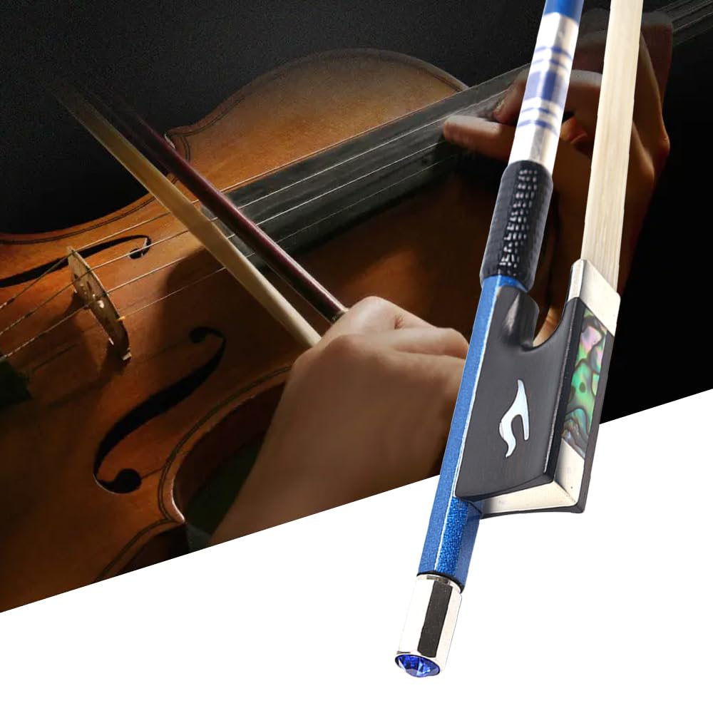Yinfente Archetto per violino 4/4 in fibra di carbonio naturale bianco mongolo, rana in ebano con bel intarsio, testa di arco con diamante, 74 cm, 60 g, buona flessibilità/equilibrio (blu)