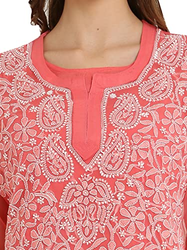 Image of FAWOMENT Women's Pure Georgette Handcrafted Lucknowi Chikankari Embroidery Short Kurti for Office Wear College Party Daily Casual