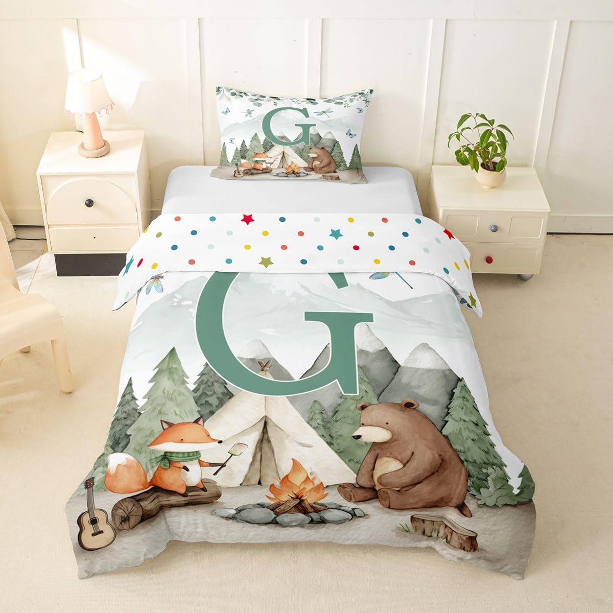 Erosebridal Zoo Animal Toddler Duvet Cover Eucalyptus Personalized Initial G Bedding Set Kids Wildlife Camping for Travel Trailers Comforter Cover,Cute Bear Fox Soft Bed Set