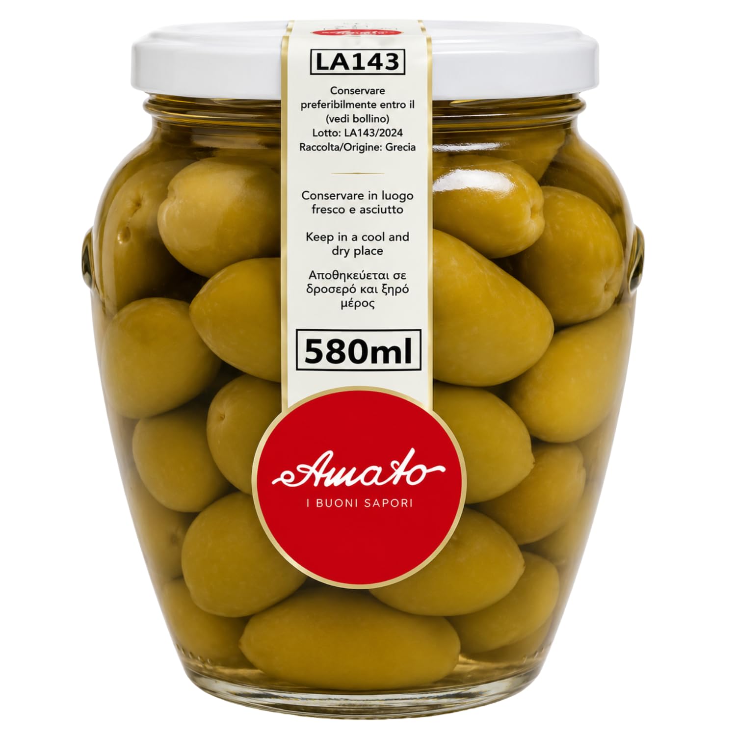 Amato Olive Bella di Cerignola in Salamoia 580 ml, Olive Verdi Giganti con Nocciolo, Specialità Pugliese in Vaso di Vetro, Confezione Multipla da 4/8/12 Pezzi (12 PEZZI)