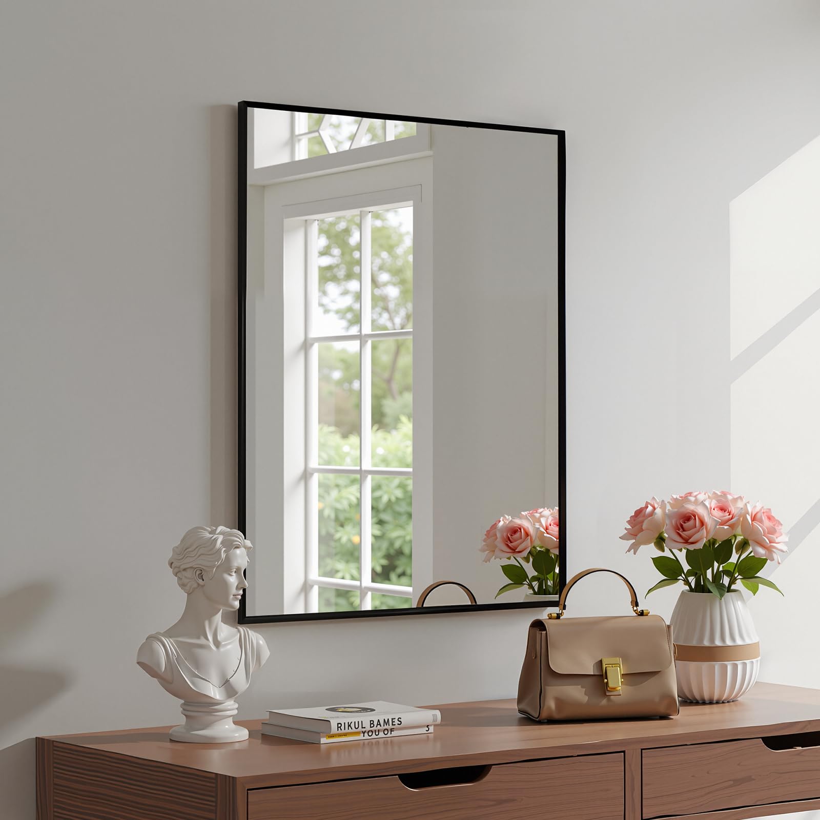 Heilmetz Black Frame Mirror 500 x 700mm, Large Bathroom Wall Mirrors for Living Room, Rectangular Bathroom Modern Wall Mounted Mirror Hanging Horizontal/Vertical