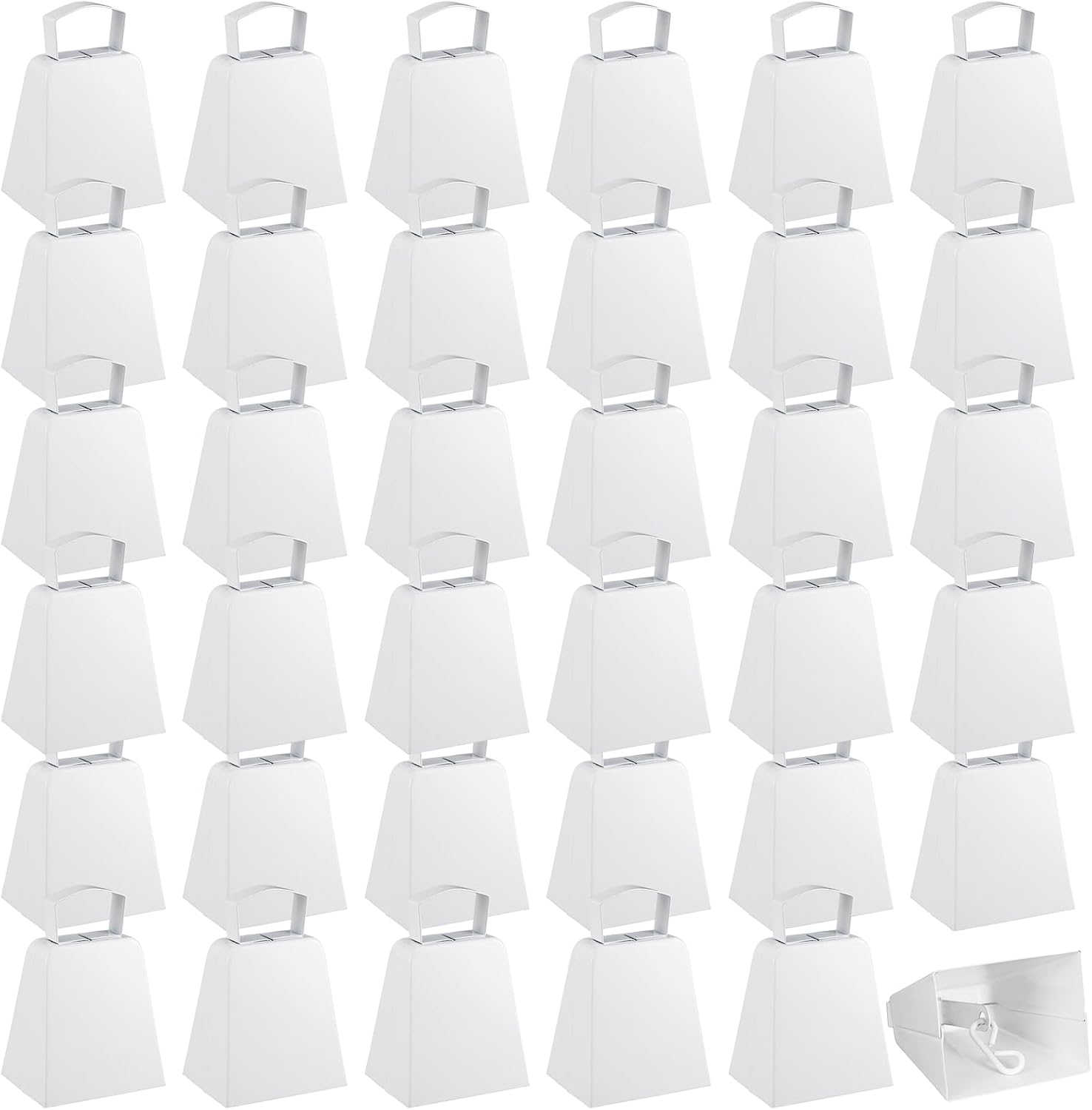 Boao 36 Pack Metal Cowbells with Handle 4 Inch Cow Bells Noise Makers Hand Percussion Cowbells Loud Cheering Bells for Sporting Events Football Games Weddings Celebrations Party(White)