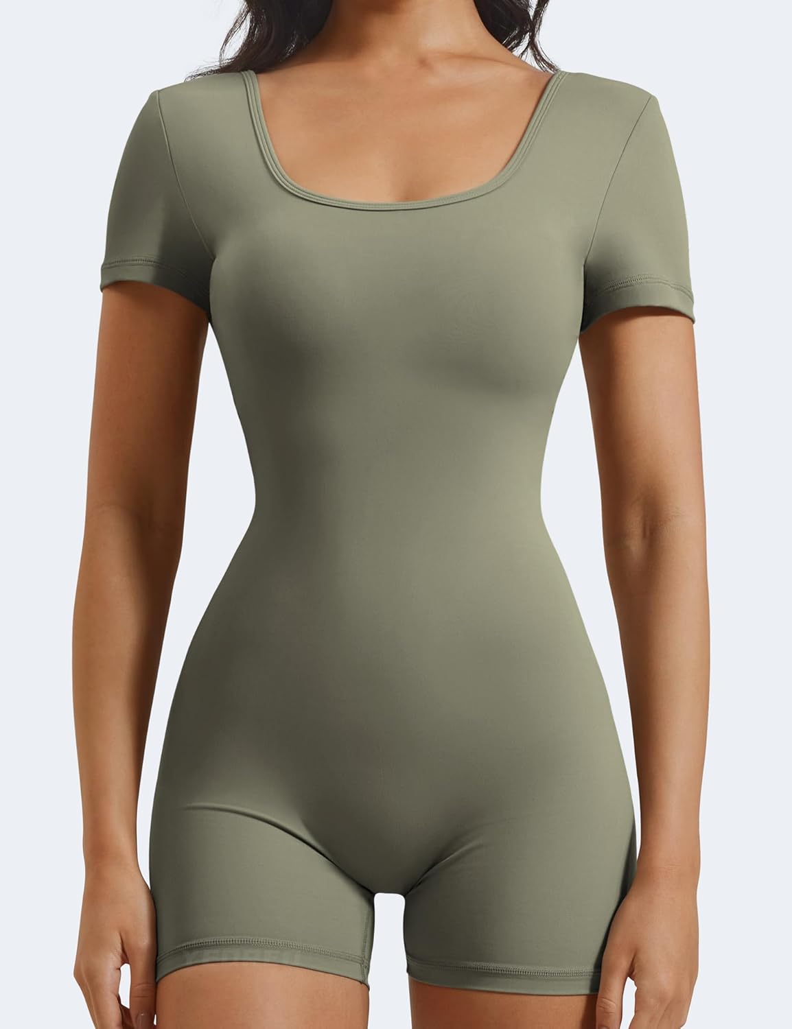 YEOREO Short Sleeve Jumpsuit for Women V Back Scrunch Butt Short Bodysuit Lizvette Open Back Workout Romper One Piece Bodycon - Image 5