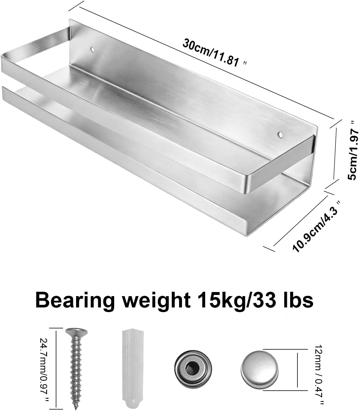 Rustproof Stainless Steel Floating Shelves Wall Mounted with Guard Rails, Nail-Free Installation Metal Storage Organizer for Shower Bathroom Kitchen Bedroom Laundry Room 11.8 Inch Silver 2 Pack