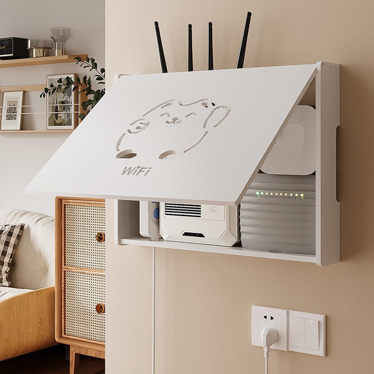 Support Mural pour Routeur, Rangement Box Internet avec Design Chat Porte-Bonheur, Cache Modem WiFi pour Gestion des Câbles, Blanc(18.9"x 3.74"x14.96")