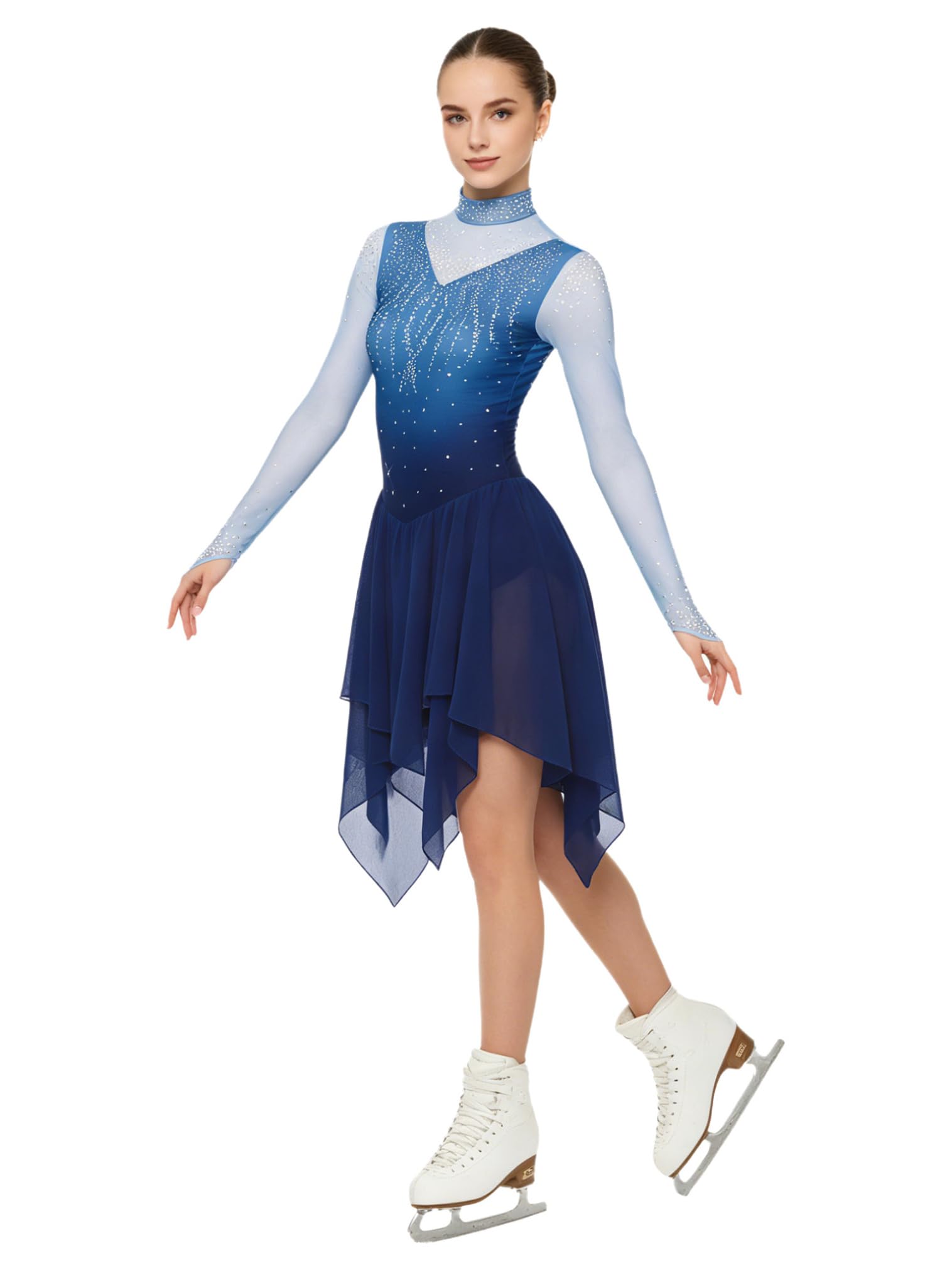 FEESHOW Damen Lyrisch Tanzkleid Langarm Farbverlauf Salsa Walzer Kleid Unregelmäßiger Saum Ballroom Tanzkostüme