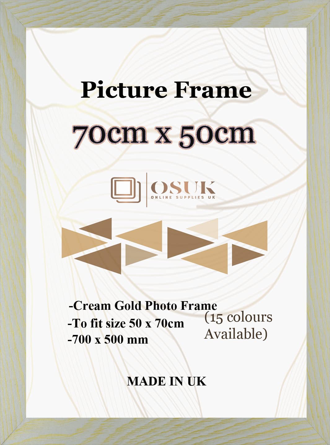 OSUK 50x70cm Cream Gold Poster Frame - 70 x 50cm Photo Frames with Safe Perspex Front & Wall Mount Hooks - Puzzle Jigsaw Frame - 70cm x 50cm Picture Frames