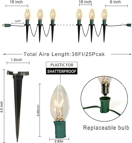 Miniatura 2 de Couah Luces de camino de Navidad C9, 38 pies, luces transparentes de camino de Navidad con 25 bombillas incandescentes y estacas para exteriores,
