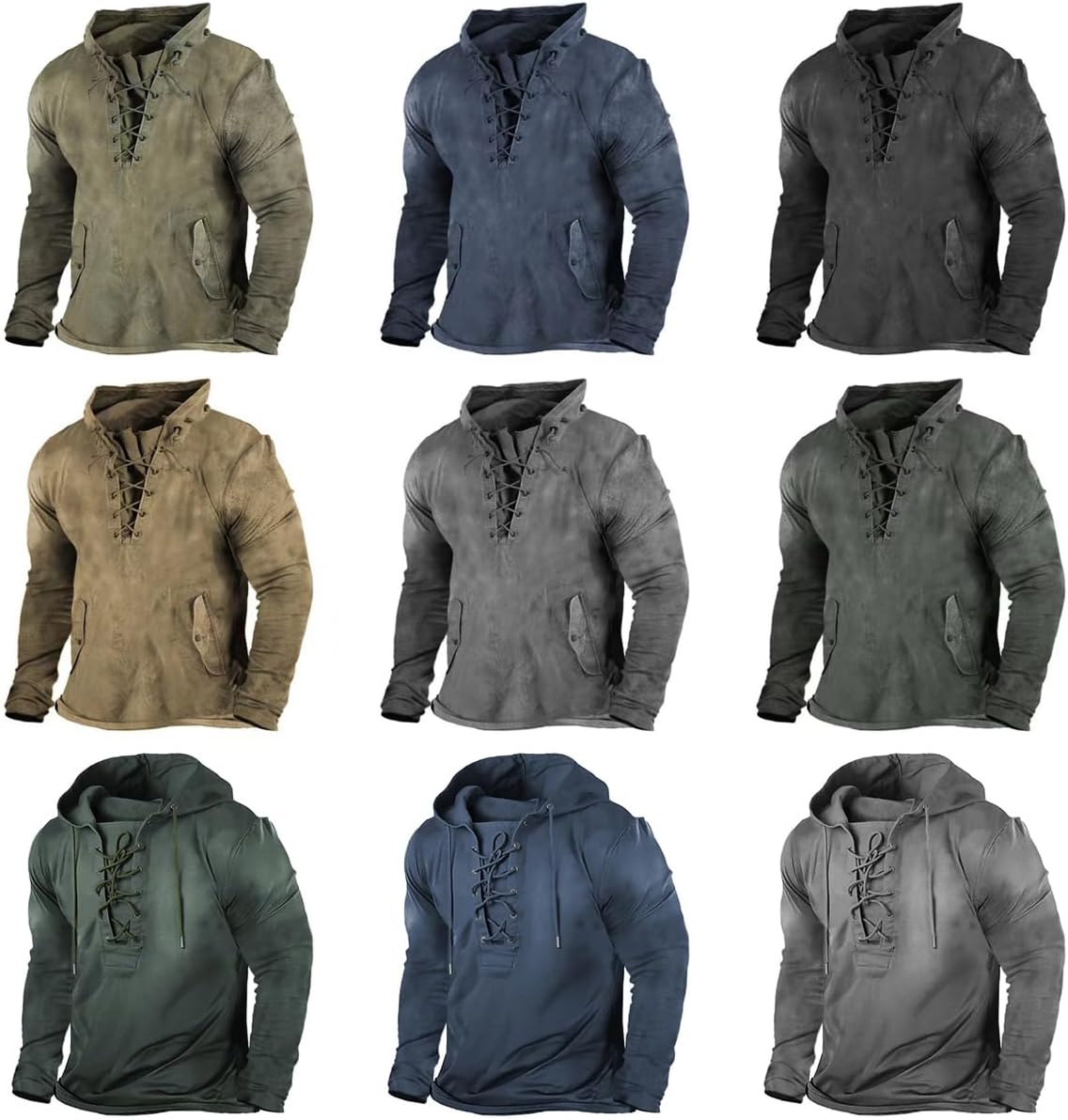 ZOCANIA Retro Tactical Long Sleeve Hoodies Outdoor Sports Drawstring Pullover Distressed Lace Up Hooded Shirts - Image 3