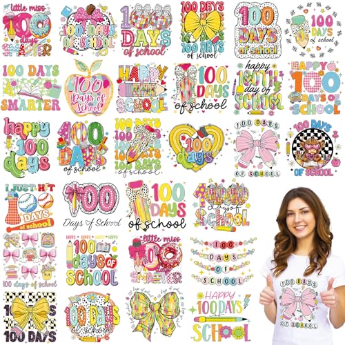 Yuntau 30 Pcs 100 Day of School Iron on Patches Pencil Iron On for T-Shirts School Dtf Transfers Ready to Press Heat Transfers Vinyl Sticker Appliques for Clothing Backpack Bag Pillow Cover DIY Craft