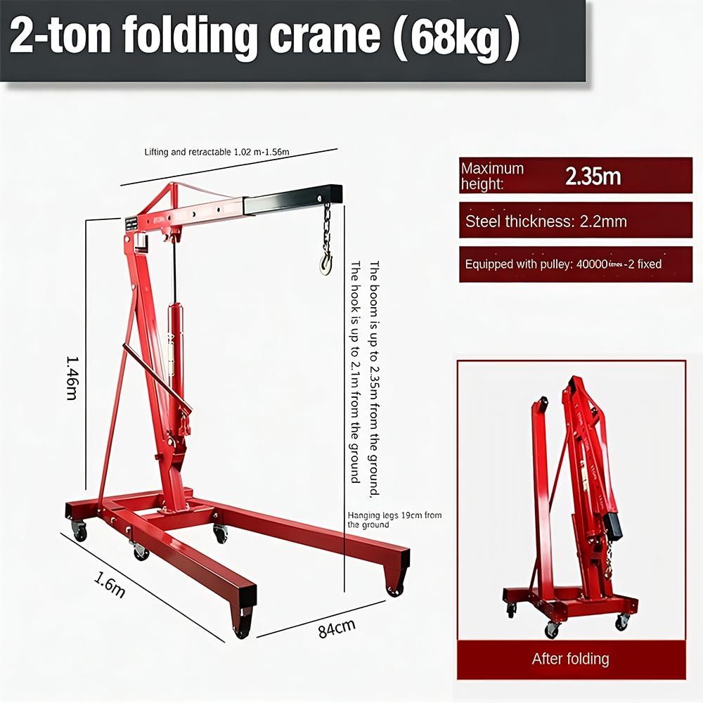 Gruetta idraulica da Officina per Sollevamento Motori, Gru Manuale Pieghevole con Braccio Regolabile et 6 Roues,2 Tonnes,pour Garage et Usage Industriel,Rouge