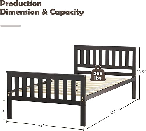Miniatura 9 de NAFORT Base de cama de plataforma de madera individual con cabecero, base de madera maciza y soporte de listones de madera fuerte, base de colchón,