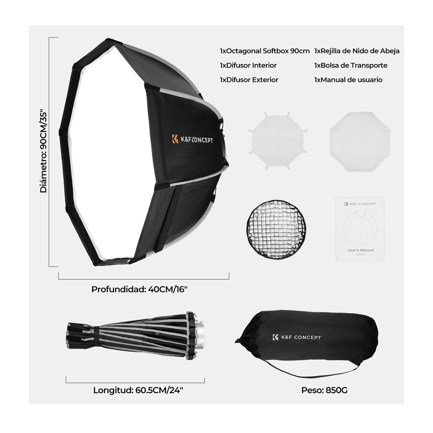 K&F CONCEPT Parabol Softbox de 90 cm/35 Pulgadas, Paraguas de liberación rápida Octagon Softbox con Rejilla de Panal de Abeja+difusor Suave + Bolsa portátil, Octogonal Softbox Bowens Mount para COB
