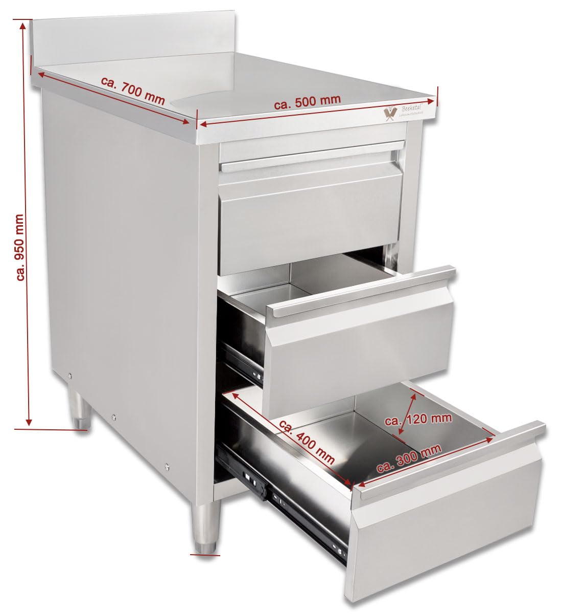Beeketal 'BSS-70A' Gastro Küchenschrank Edelstahl mit Schubladen (B/T/H) ca. 50 x 70 x 95 cm, Schubladenschrank mit 3 Schubladen, Arbeitsfläche mit Aufkantung und fein justierbaren Standfüßen