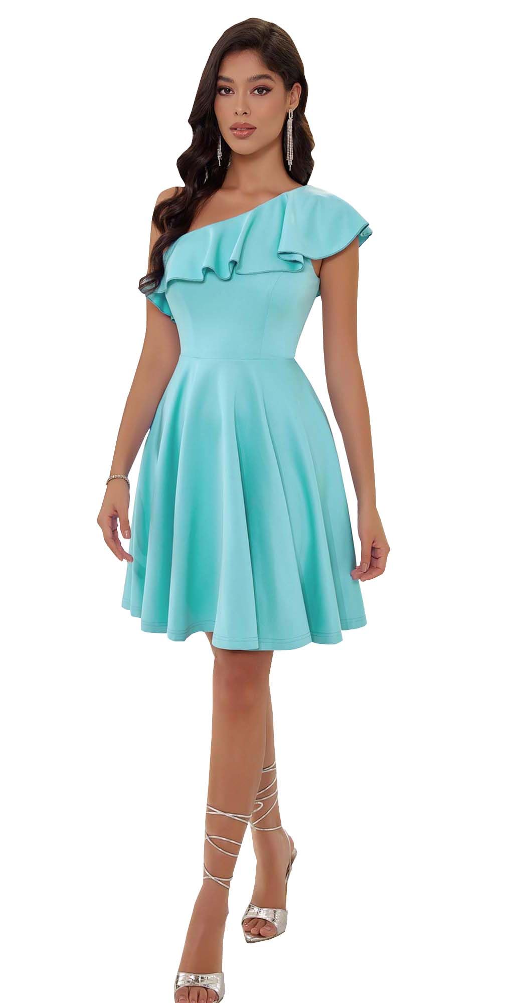 ANGEL FASHIONS Elegante abito da cocktail blu chiaro monospalla per le donne Midi Formale A-line Dress Ruffles Wedding Guest Dress