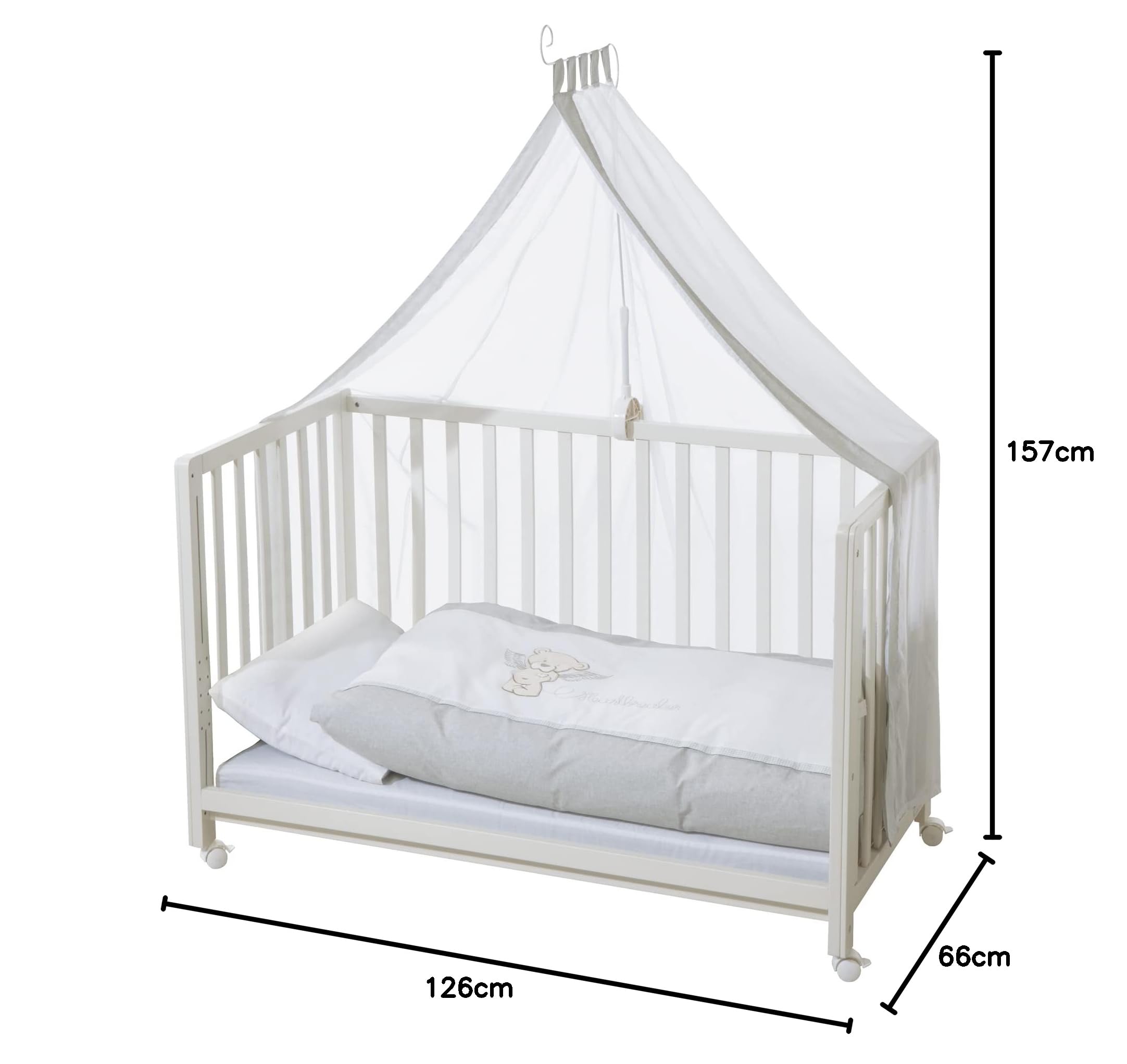 roba Lettino Co-Sleeping Heartbreaker, per Neonati e Bambini, 60 x 120 cm, Biancheria per Lettino Inclusa, si Aggancia al Letto dei Genitori, 6 Altezze Regolabili, Legno Laccato Bianco