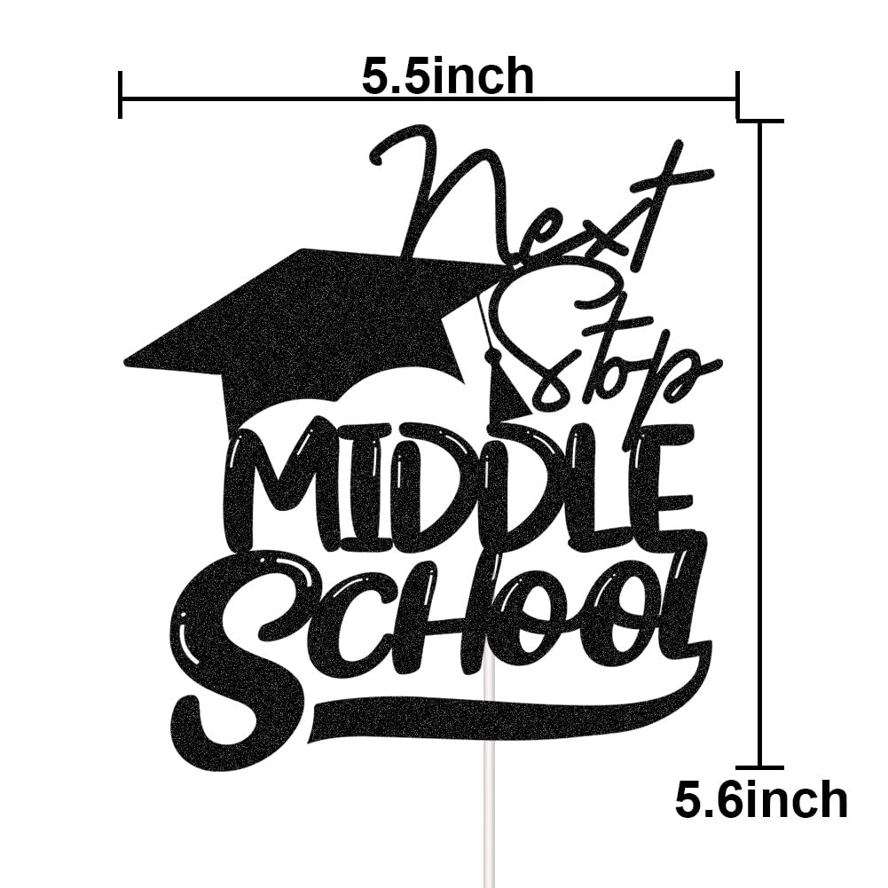 Jenrtvis Out Middle School Cake Topper, Out 5th Grade, Next Stop High School Cake Decor, Black Glitter Class Of 2025 Graduation Party Decorations Supplies