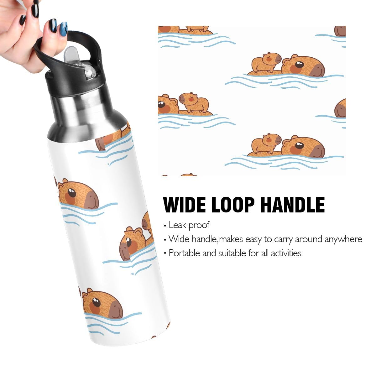 Leuke Capybara 32 oz waterfles roestvrij staal waterfles voor reizen herbruikbare waterfles met rietje waterfles geïsoleerd