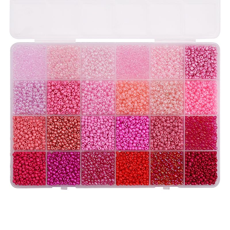 3mm Round Glass Seed Beads, Small Glass Seed Beads in 24-Grid Box for Crafting, Bracelets, Keychain Making, About 5200Pcs, Red Tone