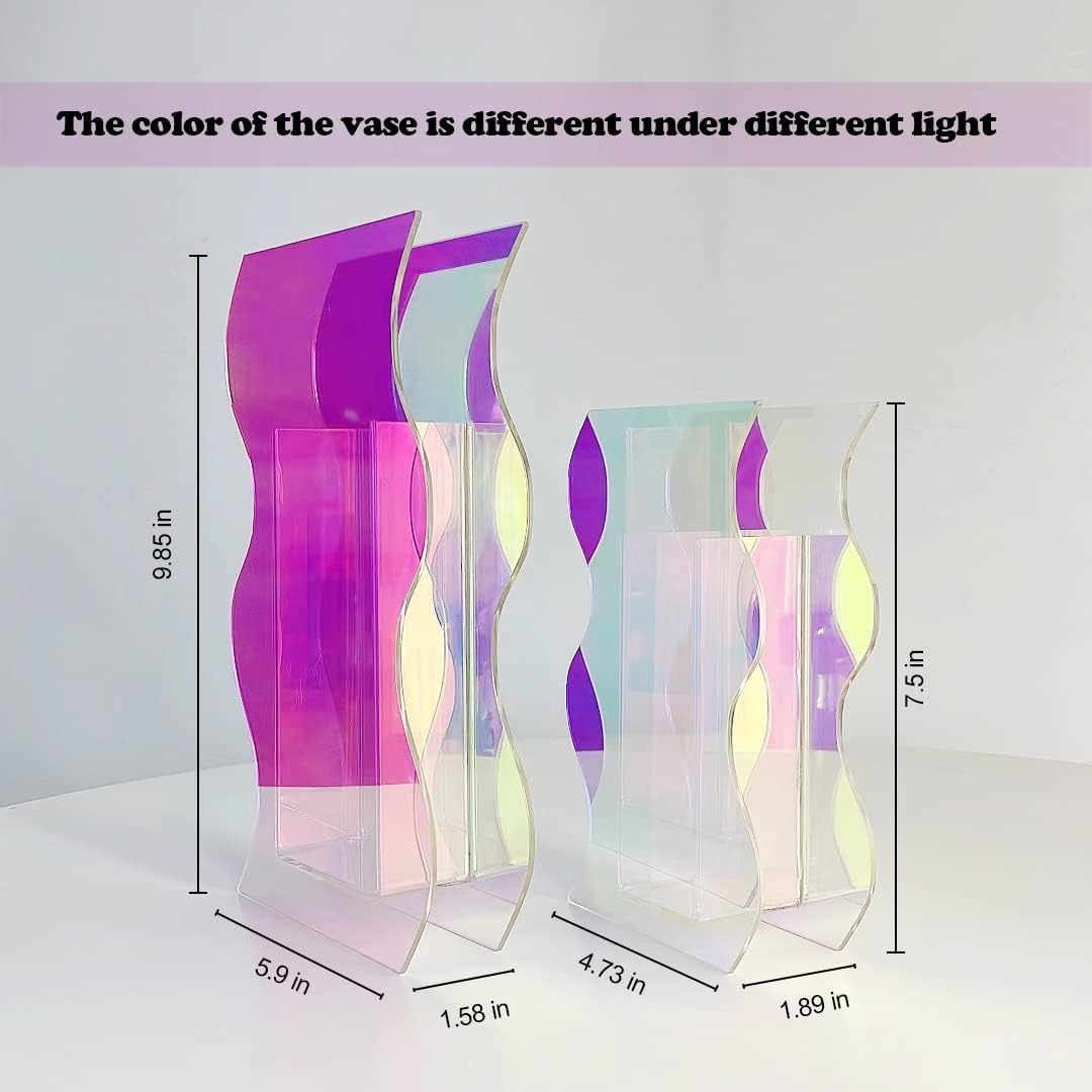 Smartmak Iridescent Acrylic Vase, Rainbow Colored Clear Modern Design Vases Home Décor, Colorful Wedding Decorations, for Artificial Flower, Office, Tabletop, Make Up Brushes Organizer Holder- L
