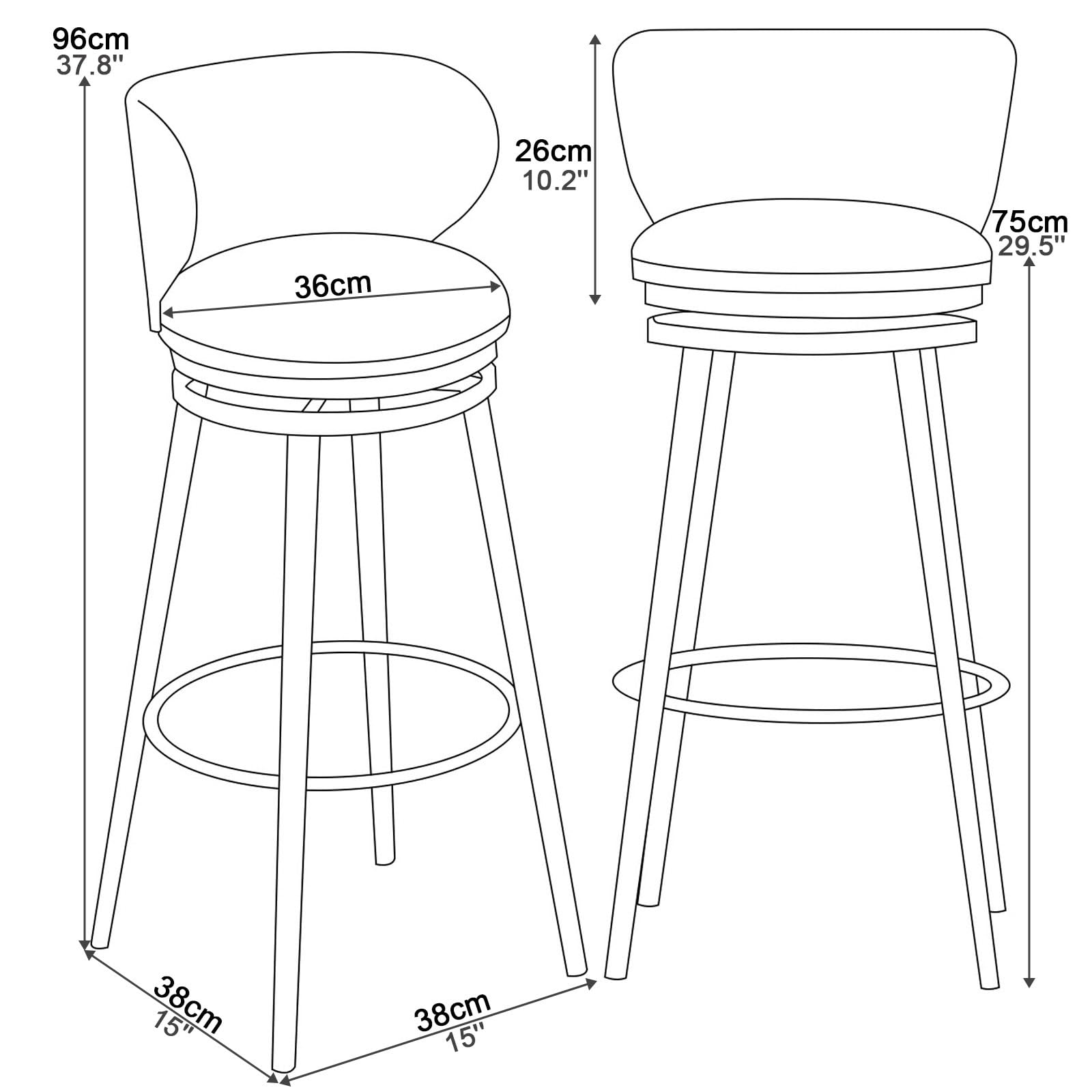 Set di 4 sgabelli da bar girevoli imbottiti in velluto con schienale, seggioloni da cucina, gambe in metallo, 75 cm / 29.5in, decorazione per la casa Slish (nero)