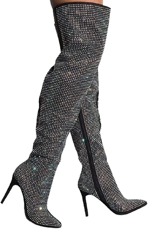 Anne Michelle Women's All Over Diamond Rhinestone Stripe Front Slouchy Thigh High Stiletto Boots