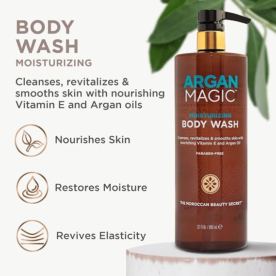 Argan Magic Cleansing Body Wash - Gently Cleanses, Revitalizes & Smooths Skin | Enriched with Argan Oil, Sweet Almond Oil & Vitamin E | Paraben Free (32 oz / 946 ml)