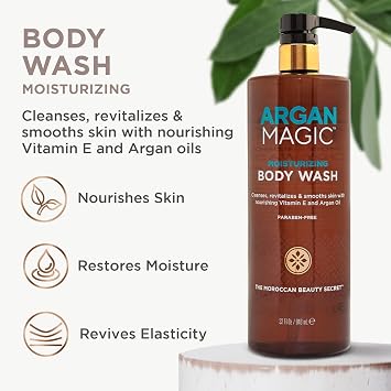 Argan Magic Cleansing Body Wash - Gently Cleanses, Revitalizes & Smooths Skin | Enriched with Argan Oil, Sweet Almond Oil & Vitamin E | Paraben Free (32 oz / 946 ml)