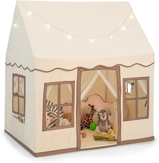 COSTWAY Tienda campaña Infantil, Casa de Actividad para Niños con Luces, Alfombra Lavable Antideslizante, Cortina de Malla para Interior y Exterior, Tipi Infantil de 3+ Años (Marrón Claro)
