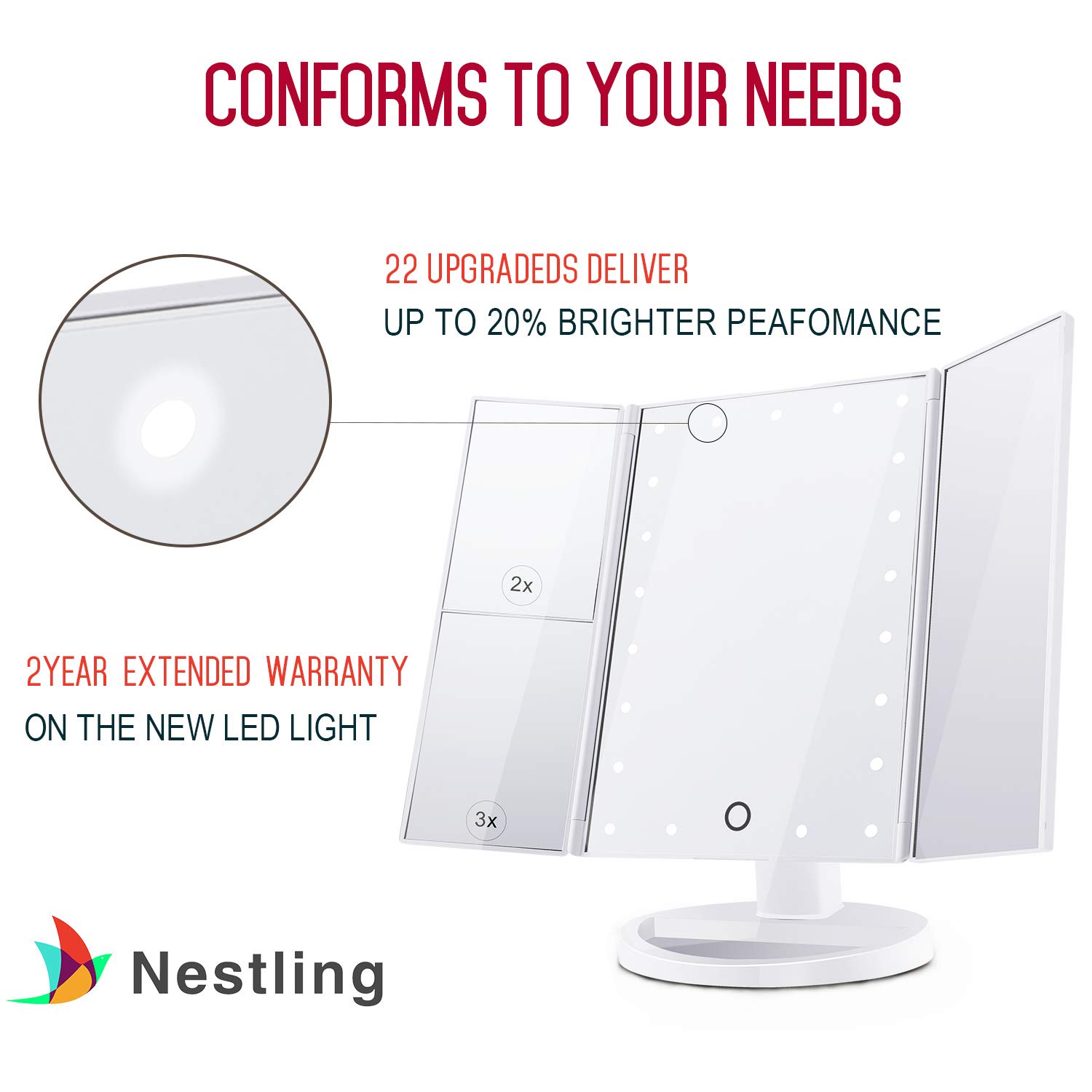Nestling Specchio Per il Trucco Illuminato, Specchio Cosmetico per Vanità a 22 Luci a LED, Touch Screen Con Ingrandimento Triplo Ingrandimento 2X 3X 10X, Rotazione Libera di 180 °