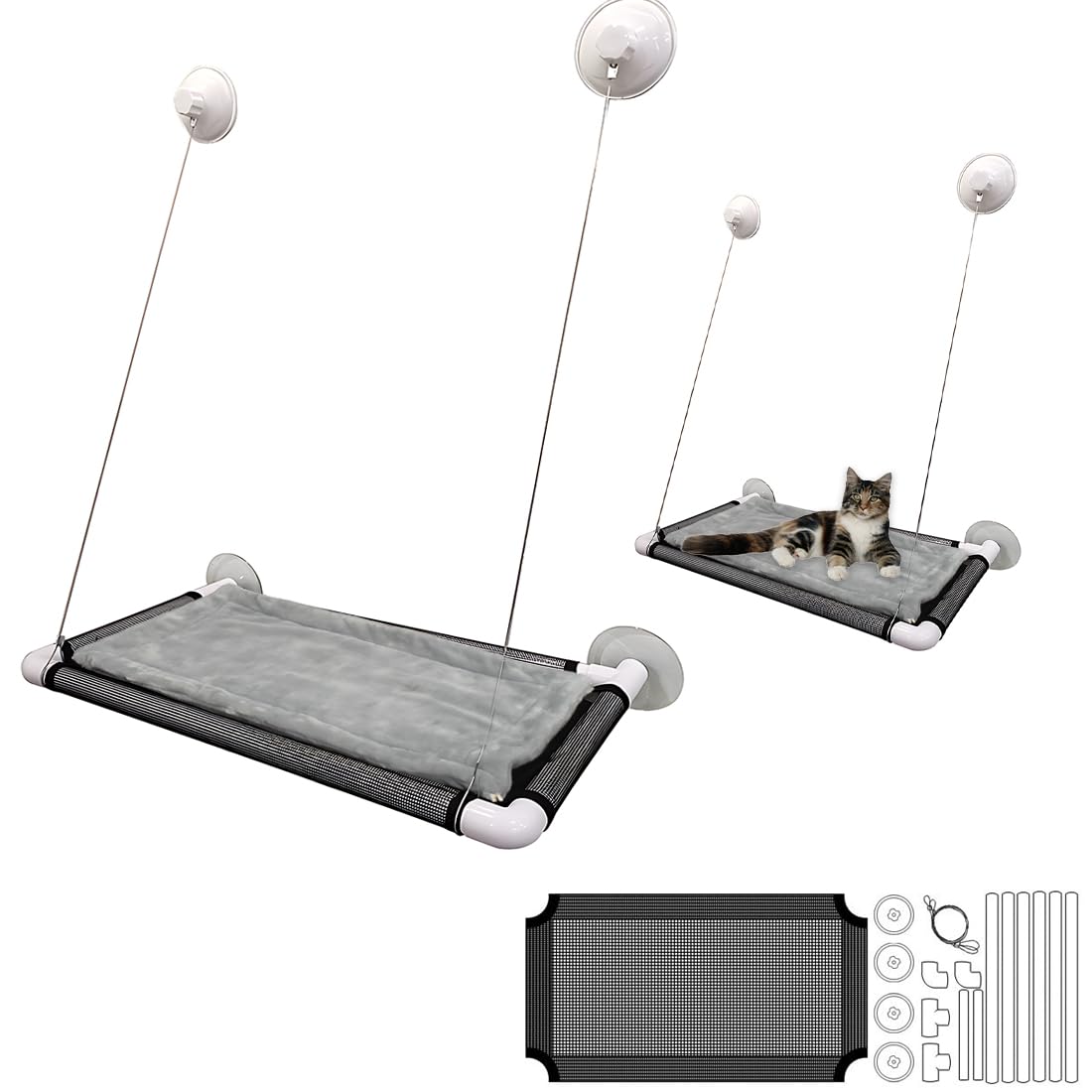 EIHI Hamaca Cama Gato Ventana Percha,Cama para Gatos,Hamaca Gato Ventana,con Ventosa Fuerte,para Hamacas Colgante Grande de Interior Alfombra Reversible 67 * 39CM,hasta 25kg(Malla/Franela)
