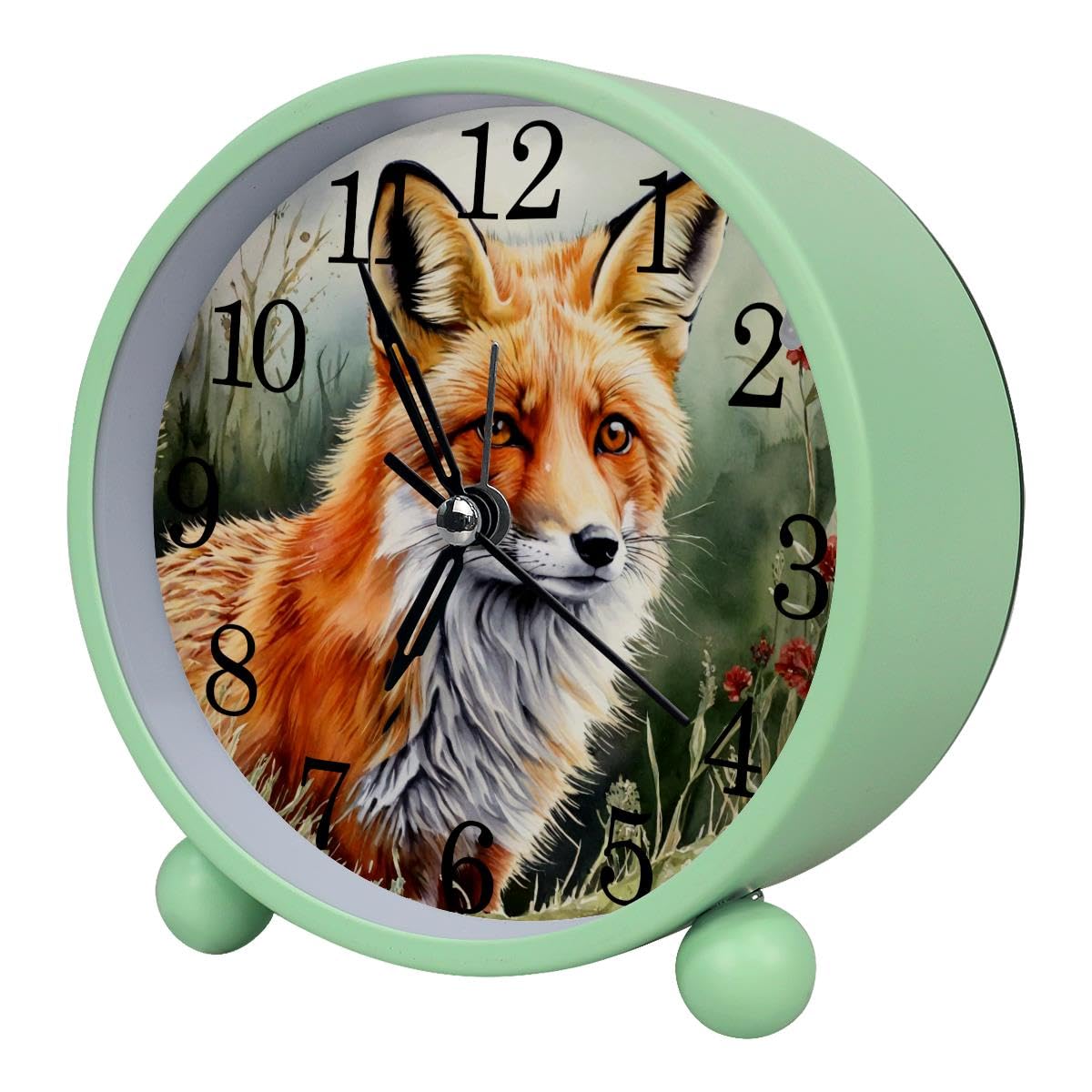 Luoweisi Alarm Clock Fox, Silent Non-Ticking with Night Light, Round Metal Alarm Clock for Office, Battery Operated, Bedroom, Elderly, Adults, Children, Student Gifts