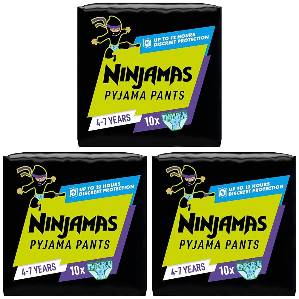Ninjamas Absorbierende Nachthöschen Für Jungs, 10 Pyjamahöschen, 4-7 Jahre, 17-30kg, Auslaufschutz Für Die Ganze Nacht (Packung mit 3)