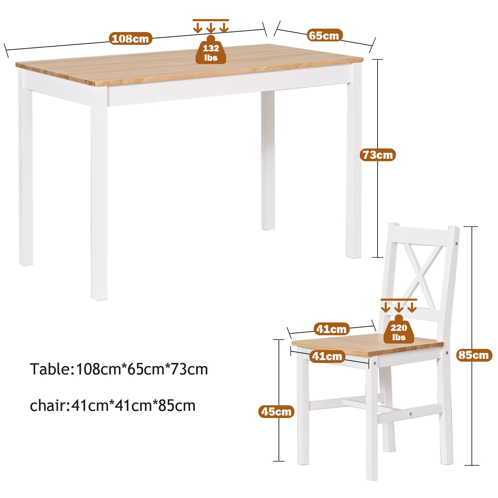 sogesfurniture Essgruppe 5-teilig, Esszimmergruppe mit Esstisch 108x65x73 cm, und 4 Stühlen, Rechteckig Küchentisch-Set für Wohnzimmer, Esszimmer, Weiß & Teak