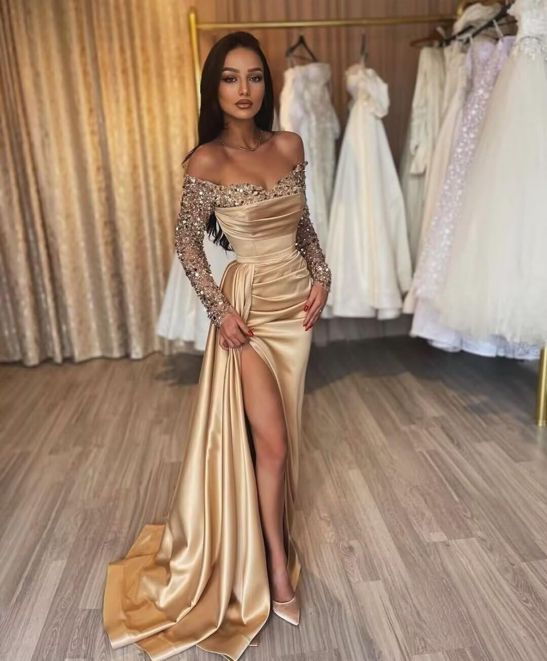 Long Sleeves Sequin Prom Dresses for Women 2026 Mermaid Satin Formal Evening Gowns Long Off Shoulder Cocktail Dress