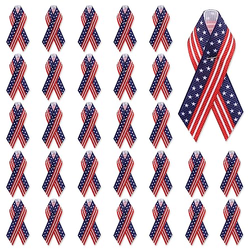 Image of 100pcs Patriotic Ribbon Pins Red White Blue Stripe American Flag Ribbon Pin for Men Women, Labor Day Star Grosgrain Ribbons Pins Fabric Ribbons for National Police Labor Day Supplies