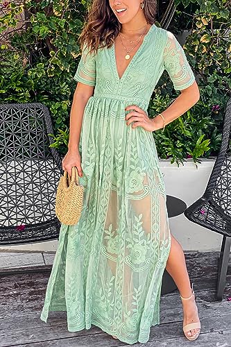 Image of LRISES Womens Lavender V Neck Embroidered Floral Lace Wedding Dress Short Sleeve Slit Bridesmaid Cocktail Party Maxi Dress