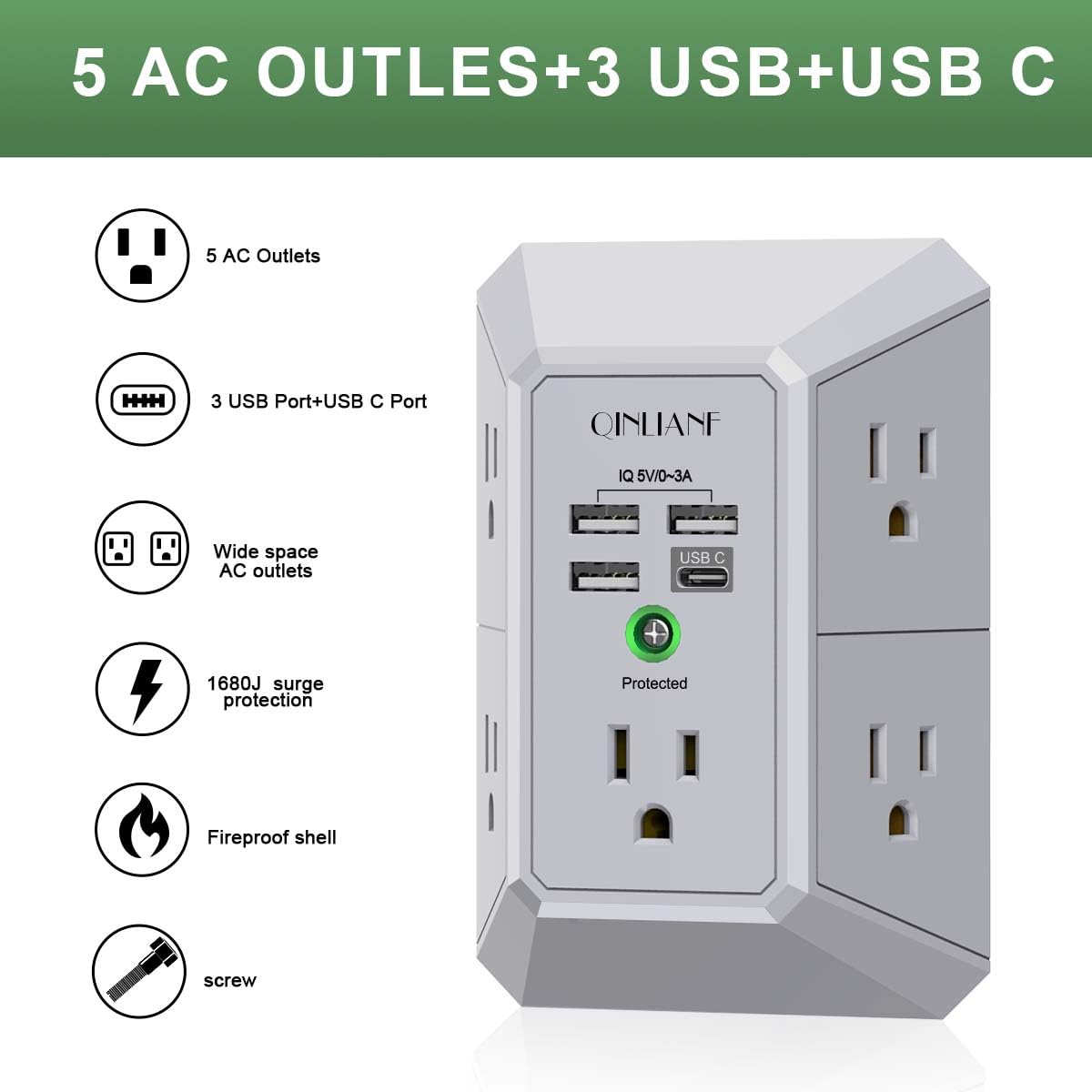 Caricatore da parete USB, protezione da sovratensione, prolunga da 5 uscite QINLIANF con 4 porte di ricarica USB (4,8 A in totale) multipresa di alimentazione a 3 lati 1680J, adattatore da parete