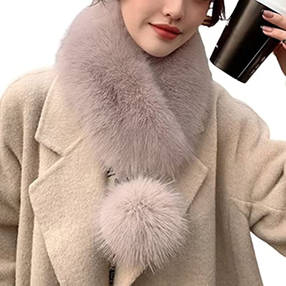 Ceaeis Women's Khaki Winter Thicken Soft Warm With Pompom Imitation Fur Scarf,Faux Fur Collar Neck Warmer Scarf Wrap,Fur Collar Scarf For (Khaki)