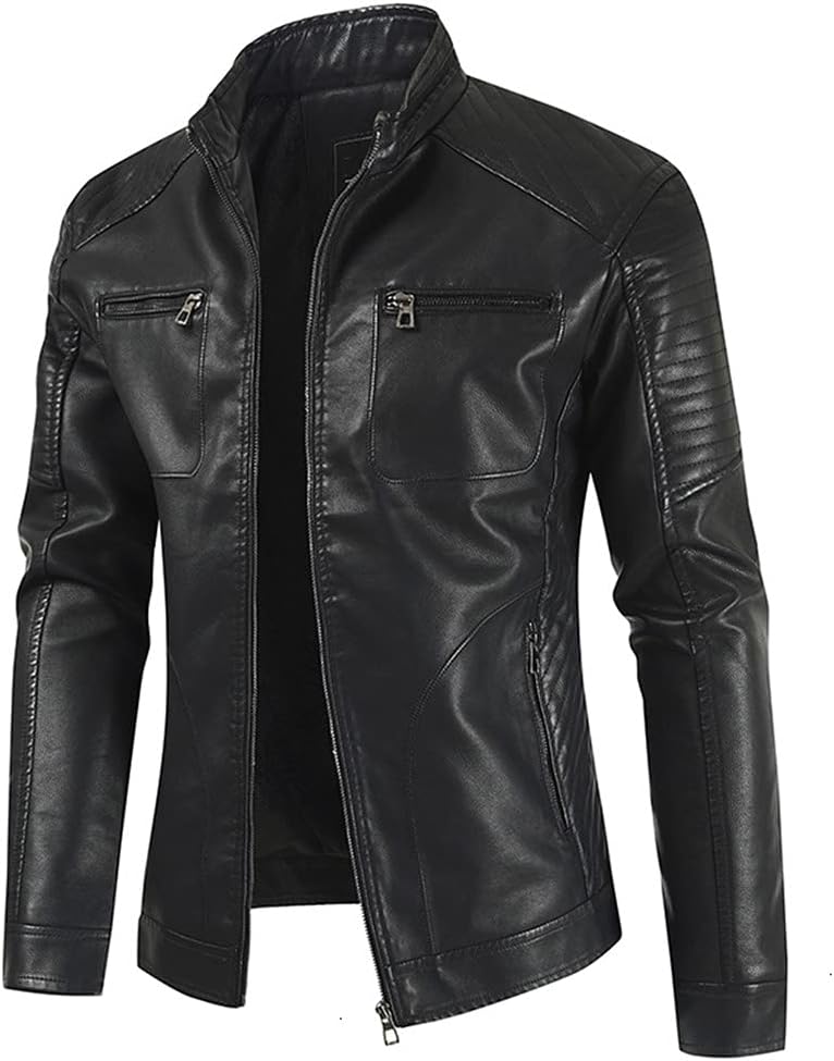 Men Spring Vintage Casual Fleece Leather Jackets Coat Fashion Motor Bike Faux Leather Jacket Outwear