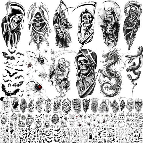61 Sheets Halloween Temporary Tattoos for Men Women Adults, 12 Sheets Skeleton Death Skull Demon Devil Half Arm Sleeve Fake Tattoo Stickers, 49 Sheets Spider Web Bat Snake Vampire Scar Face Tattoos