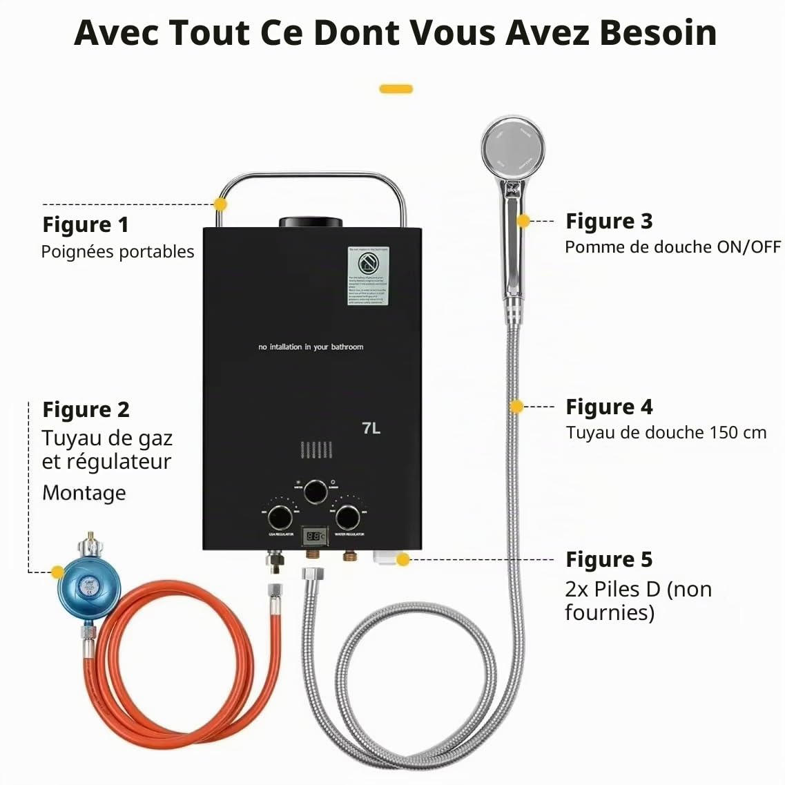 Chauffe-eau à Gaz 8LPM,Instantané 8LPM 16kW LPG GPL au Butane Propane avec Modes Hiver et Eté, CE Certifié,avec une Pression d'Eau de Départ Très Faible,pour la Maison,la Caravane,les Cabines (7L)